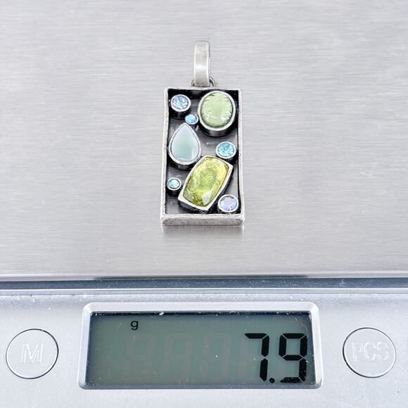 Vintage Silver Plate Blue Green Glass Crystal Rhinestone Modernist Pendant - Picture 5 of 6